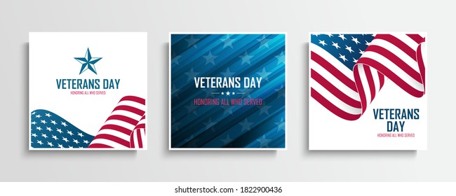 United States Veterans Day celebrate cards set with american waving national flag. Honoring all who served. Vector illustration.