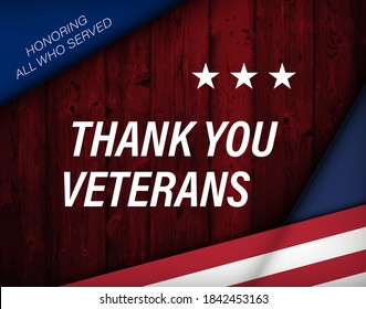 United States Veterans Day celebrate banner with waving american national flag and text Happy Veterans Day on wooden background