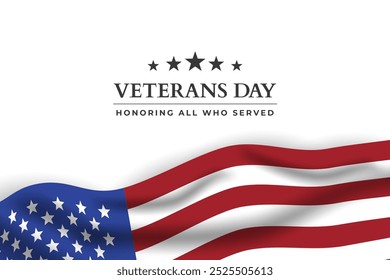 United States Veterans Day celebrate banner with waving American national flag. Vector Illustration.