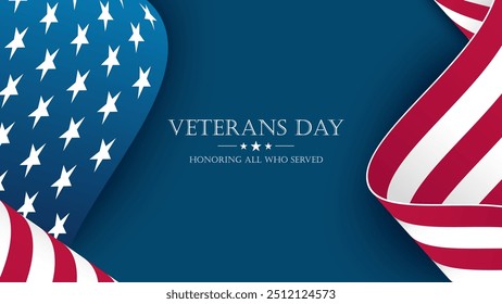 Anuncio de celebración del Día de los Veteranos de los Estados Unidos con la bandera estadounidense ondeando. Feriado federal de Estados Unidos. Fondo azul. Ilustración vectorial.