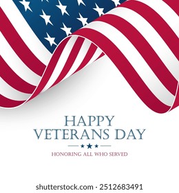 United States Veterans Day greeting card with American waving flag. USA federal holiday greetings. Vector illustration.