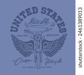 United States Vintage Co, classic motorcycles wings , Los angels California , hand drawn motor bike, Custom motorcycles. Winged motorbike on black background. Design element for logo, label, emblem,