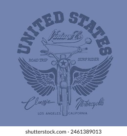 United States Vintage Co, classic motorcycles wings , Los angels California , hand drawn motor bike, Custom motorcycles. Winged motorbike on black background. Design element for logo, label, emblem,