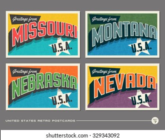 United States vintage typography postcards. Missouri, Montana, Nebraska, Nevada