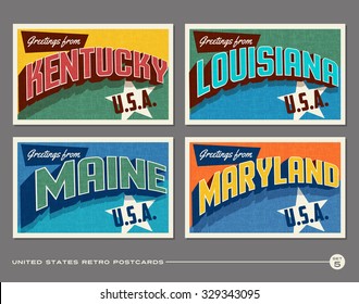 United States vintage typography postcards. Kentucky, Louisiana, Maine, Maryland