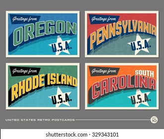 United States vintage typography postcards. Oregon, Pennsylvania, Rhode Island, South Carolina