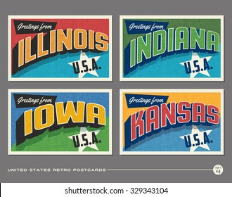 United States vintage typography postcards. Illinois, Indiana, Iowa, Kansas