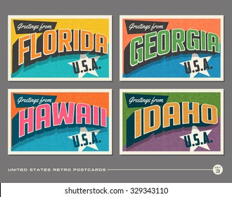 United States vintage typography postcards. Florida, Georgia, Hawaii, Idaho