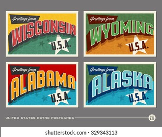 United States vintage typography postcards. Wisconsin, Wyoming, Alabama, Alaska