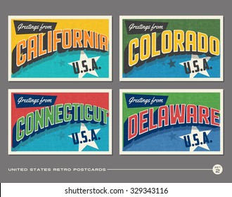 United States vintage typography postcards. California, Colorado, Connecticut, Delaware