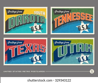 United States vintage typography postcards. South Dakota, Tennessee, Texas, Utah