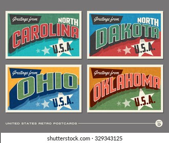 United States vintage typography postcards. North Carolina, North Dakota, Ohio, Oklahoma, 