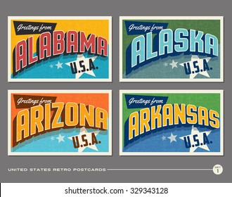 United States vintage typography postcards. Alabama, Alaska, Arizona, Arkansas