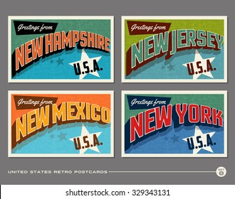 United States vintage typography postcards. New Hampshire, New Jersey, New Mexico, New York 