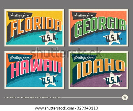 United States vintage typography postcards. Florida, Georgia, Hawaii, Idaho