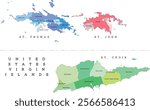 United States Virgin Islands administrative map with districts and sub-districts. Colored. Vectored