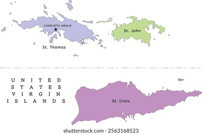 United States Virgin Islands administrative map with districts. Colored. Vectored. Bright colors