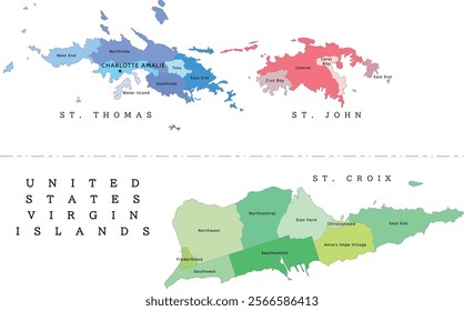 United States Virgin Islands administrative map with districts and sub-districts. Colored. Vectored