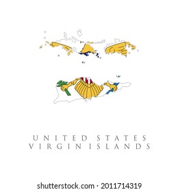 United States Virgin Islands map with official national flag illustration. The flag of the country in the form of borders. Stock vector illustration isolated on white background.