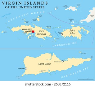 United States Virgin Islands Political Map. A group of islands in the Caribbean that are an insular area of the United States. English labeling and scaling. Illustration.
