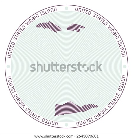 United States Virgin Islands round logo design. Country shape build of rings. United States Virgin Islands text around the country. Vector Illustration.