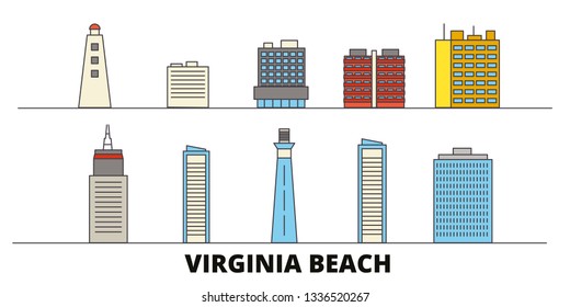 United States, Virginia Beach flat landmarks vector illustration. United States, Virginia Beach line city with famous travel sights, skyline, design. 
