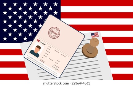 United States visa, open stamped passport with visa approved document for border crossing. Immigration visa concept. Background with USA flag. vector illustration