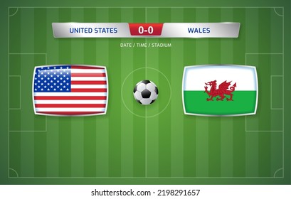 United States vs Wales scoreboard broadcast template for sport soccer tournament and football championship 2022 in qatar vector illustration