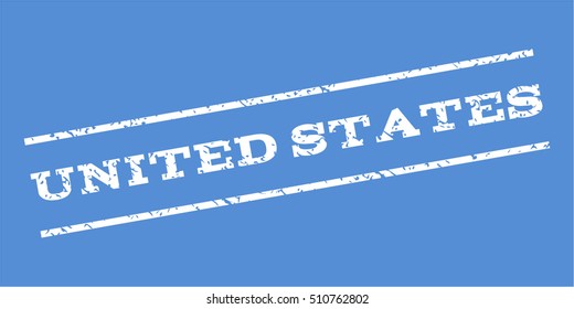 United States watermark stamp. Text tag between parallel lines with grunge design style. Rubber seal stamp with unclean texture. Vector white color ink imprint on a blue background.