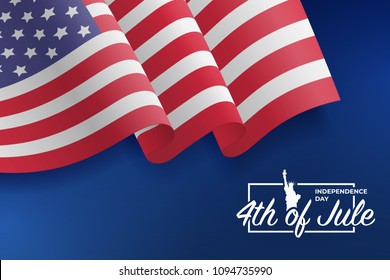United States waving flag. Fourth of July celebrate. 4th of Jule. Fourth of July Independence Day 2018. Template for website banner. Blue background with stars and confetti. Vector illustration