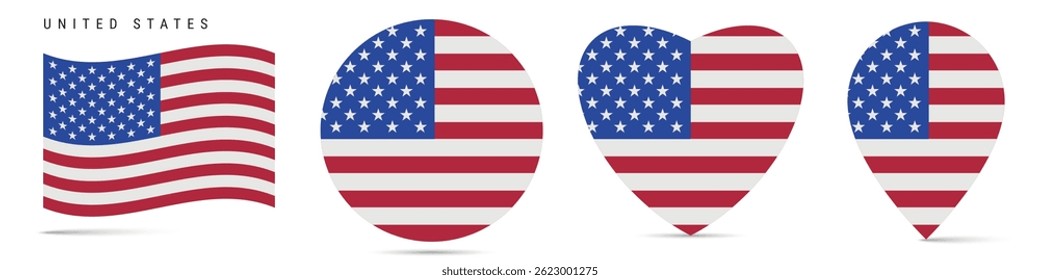 United States waving flag, round circle sticker badge, heart shaped icon, map pin. American flag buttons of different shapes. Vector illustration isolated on white.
