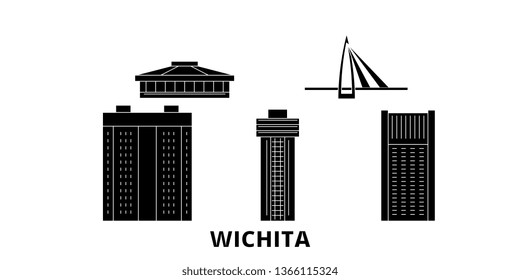 United States, Wichita flat travel skyline set. United States, Wichita black city vector illustration, symbol, travel sights, landmarks.