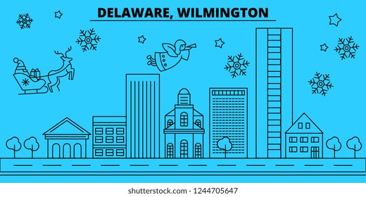 United States, Wilmington winter holidays skyline. Merry Christmas, Happy New Year decorated banner with Santa Claus.United States, Wilmington linear christmas city vector flat illustration