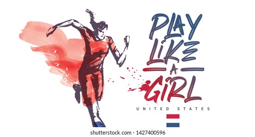 United States Women's Soccer National Team Vector Design. Female Player Running. Typographic Layout. Lettering Sport Logo.