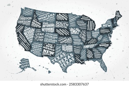 United States states word clouds. Country shape on textured background. Typographic style design. Stylish vector illustration.