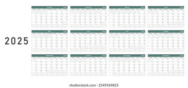 United States yearly calendar for 2025, starting on Sunday. Vector illustration for design or print