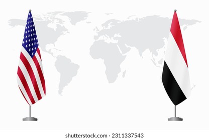 United States and Yemen flags for official meeting against background of world map.