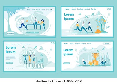 United Team Building Solutions and Activities. Playing Tennis, Pulling Rope and Achieving Top Results Together. Four Flat Vector Landing Page Design Templates with Copy Space for Extra Text.