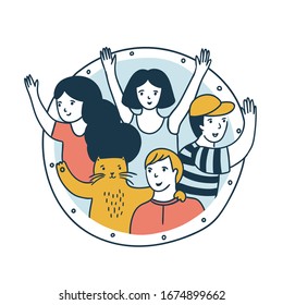 United team of young men and women with a cat waving their hands in a rocket window. Vector friendship illustration isolated on the white background. 