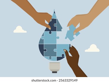 United for Water Solutions. hands from diverse backgrounds assembling a water droplet-shaped puzzle, symbolizing collaborative efforts for sustainable water management. World water day. Illustration