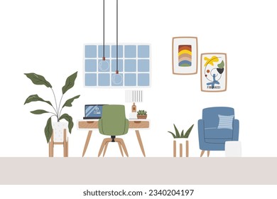United work and resting area at home. Illuminated workspace with houseplants. Relaxing zone with posters wall art and pouf next to huge window. Home office interior hand drawn flat vector illustration