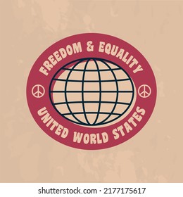 Logo de Estados Unidos. Logo de Retro de los años 1970. Diseño hipster a la moda. Comunidad, emblema del globo. Impresión vectorial para camiseta, tipografía.