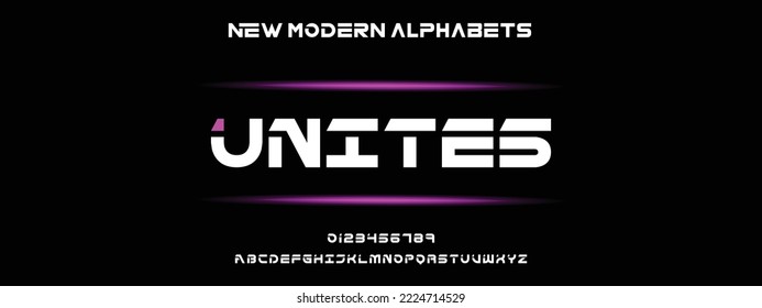 UNITES Modern Bold Font. Regular Italic Number Typography urban style alphabet fonts for fashion, sport, technology, digital, movie, logo design, vector illustration