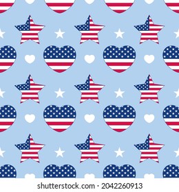 Unites States of America Flag in heart shape and star shape isolated on blue background.4 th of July.