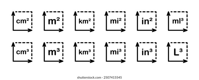 Units of measurement icon set. Square inch, meter, kilometer, centimeter vector illustration. M2 sign. Floor area size. Height, width, length and depth measurement units isolated collection.