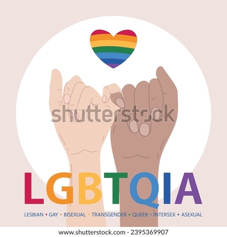 Unity banner for the LGBT month parade. Hands of Friendship. LGBTQIA Typography with LGBT Gay Pride Flag Colours. LGBTQIA: Lesbian Gay Bisexual Transgender Queer Intersex Asexual