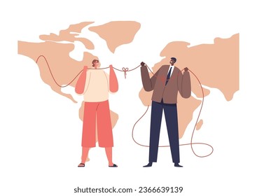 Unity Beyond Borders. White Woman And Black Man Characters Connected By A Thread On A World Map Background