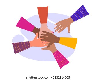 Unity concept. Different people unite together. Connected hands and pieces. A group of people strives for a connection. Together strength, confidence and support. Flat vector illustration