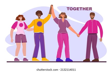 Unity concept. Different people unite together. Connected hands and pieces. A group of people strives for a connection. Together strength, confidence and support. Flat vector illustration