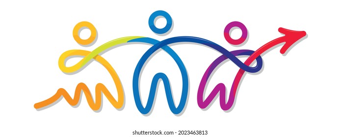 Unity concept. Drawing of 3 abstract people joined by their arms formed by a thick line that changes color from yellow, green, blue, purple to red on a white background. Vector image